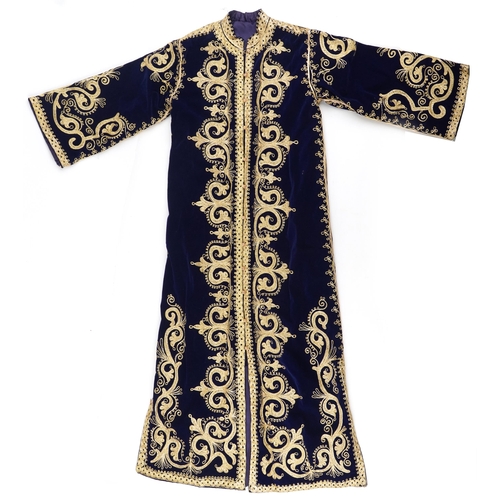 380 - Moroccan silk lined velvet kaftan embroidered with stylised foliage, 140cm high