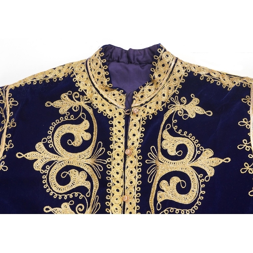 380 - Moroccan silk lined velvet kaftan embroidered with stylised foliage, 140cm high