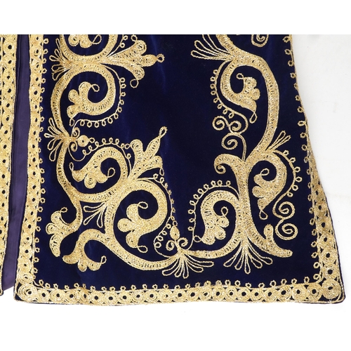 380 - Moroccan silk lined velvet kaftan embroidered with stylised foliage, 140cm high