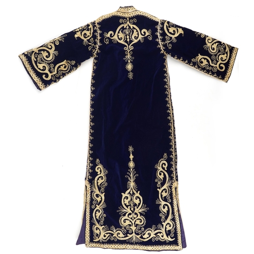 380 - Moroccan silk lined velvet kaftan embroidered with stylised foliage, 140cm high