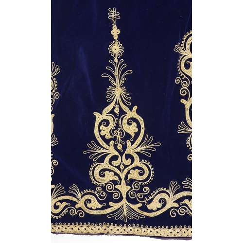 380 - Moroccan silk lined velvet kaftan embroidered with stylised foliage, 140cm high