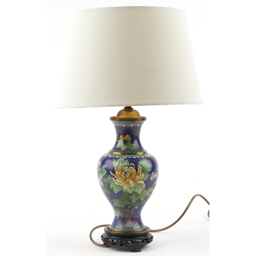 1307 - Chinese cloisonne baluster vase table lamp with shade enamelled with a bird amongst flowers, raised ... 