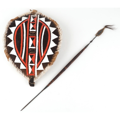 519 - African tribal interest Maasai spear and vellum shield, the largest 82.5cm in length