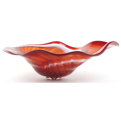 586 - Large red and green art glass centre bowl, indistinct etched marks to the base, 60cm wide