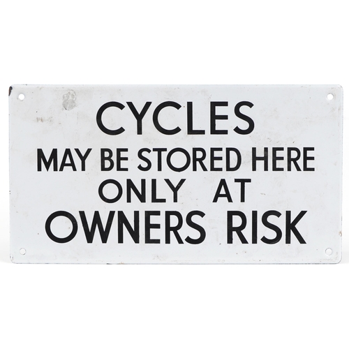 478 - Vintage Cycles May Be Stored Here Only at Owner's Risk enamel advertising sign, 33cm x 18cm