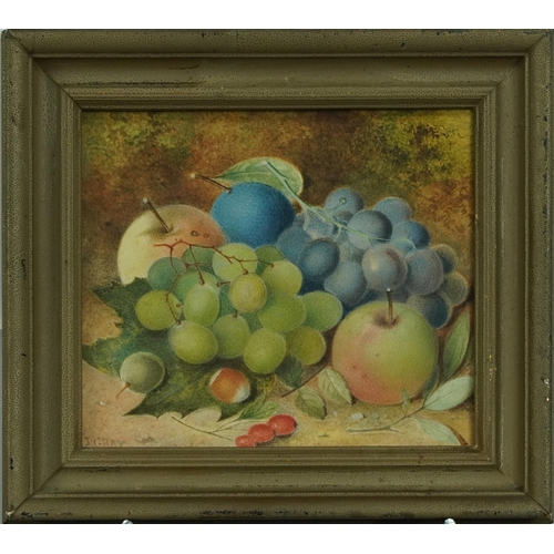 1441 - J Gray - Still life fruit, Victorian watercolour on card, inscribed verso, mounted and framed, 19.5c... 