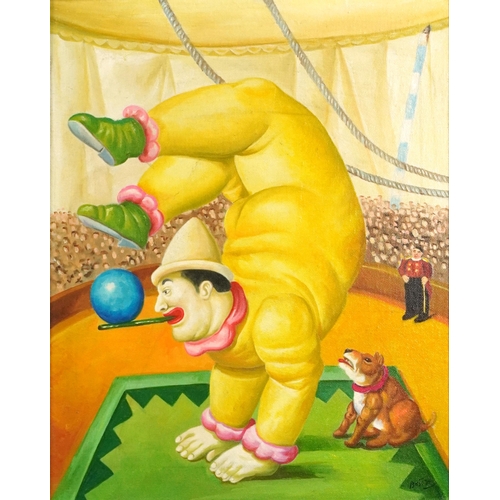 369 - After Fernando Botero - Circus performer, Italian Impressionist oil on board, framed, 49.5cm x 39cm ... 