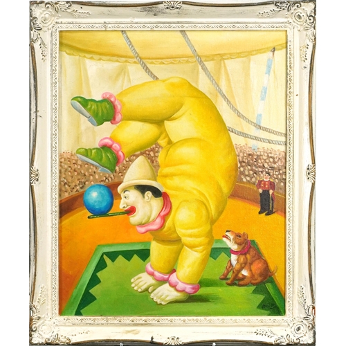 369 - After Fernando Botero - Circus performer, Italian Impressionist oil on board, framed, 49.5cm x 39cm ... 