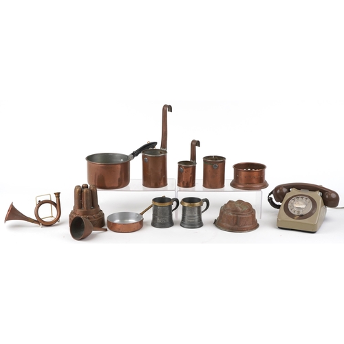 584 - 19th century and later metalware together with a vintage dial telephone, the metalware including two... 