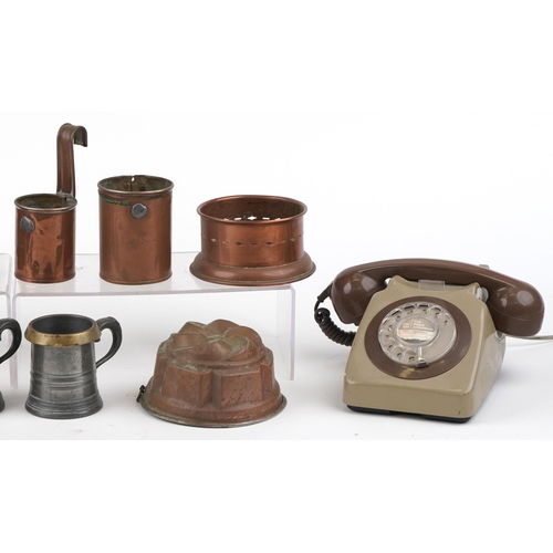 584 - 19th century and later metalware together with a vintage dial telephone, the metalware including two... 