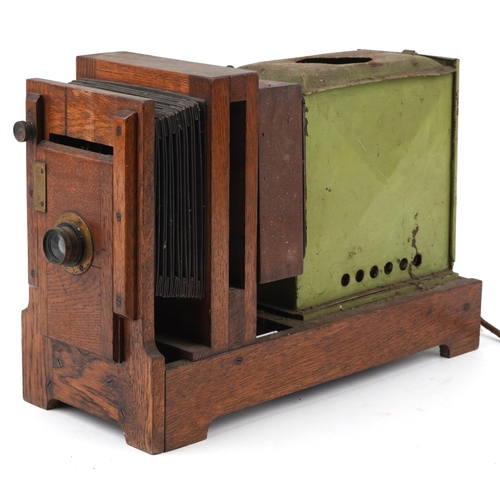 1722 - The City Salex Exchange London, Victorian oak magic lantern slide projector, 46cm in length