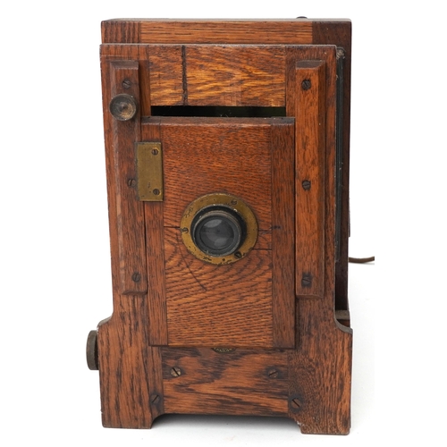 1722 - The City Salex Exchange London, Victorian oak magic lantern slide projector, 46cm in length