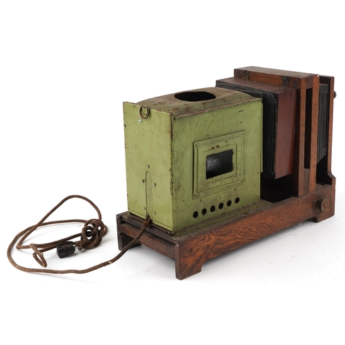 1722 - The City Salex Exchange London, Victorian oak magic lantern slide projector, 46cm in length