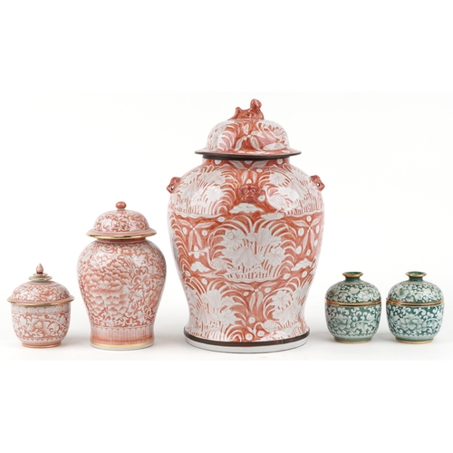 414 - Thai porcelain including a large baluster jar and cover hand painted with cranes amongst water and f... 