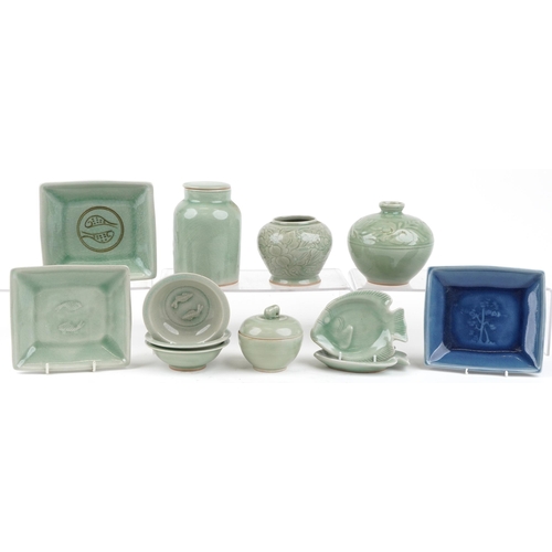 1440 - Asian celadon and blue glazed ceramics including vase, rice bowl, pot and cover and dishes in the fo... 