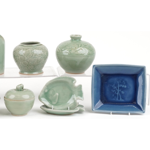 1440 - Asian celadon and blue glazed ceramics including vase, rice bowl, pot and cover and dishes in the fo... 