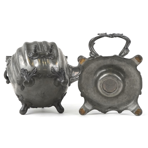 1416 - Victorian pewter teapot on stand with burner and ebonised handle, 30.5cm high excluding the swing ha... 