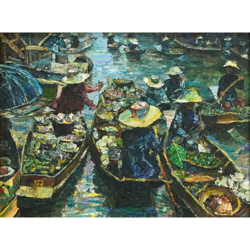 256 - Figures in boats with huts, matched pair of Thai school impressionist oil on canvases, both indistin... 