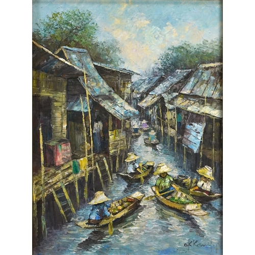 256 - Figures in boats with huts, matched pair of Thai school impressionist oil on canvases, both indistin... 