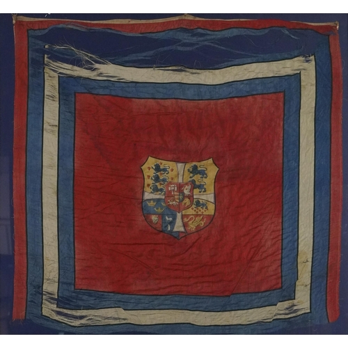 655 - 19th century naval interest silk flag with heraldic crest, framed and glazed, the flag 74.5cm x 71cm