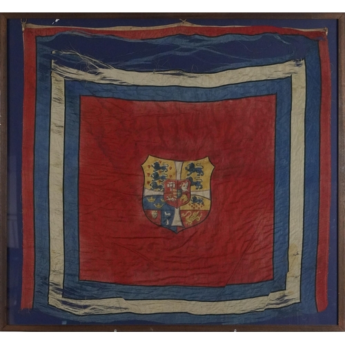 655 - 19th century naval interest silk flag with heraldic crest, framed and glazed, the flag 74.5cm x 71cm