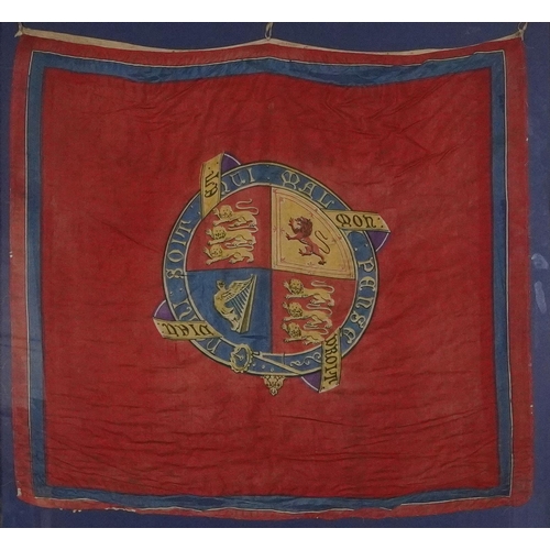 656 - 19th century naval interest silk flag with Royal coat of arms, framed and glazed, the flag 74cm x 71... 