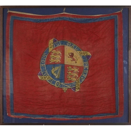 656 - 19th century naval interest silk flag with Royal coat of arms, framed and glazed, the flag 74cm x 71... 