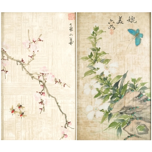 1243 - Butterfly and flies amongst flowers, pair of Chinese watercolours on silk, each signed with red seal... 