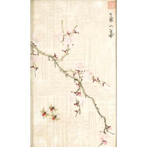 1243 - Butterfly and flies amongst flowers, pair of Chinese watercolours on silk, each signed with red seal... 