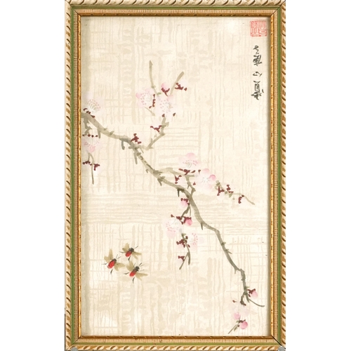 1243 - Butterfly and flies amongst flowers, pair of Chinese watercolours on silk, each signed with red seal... 