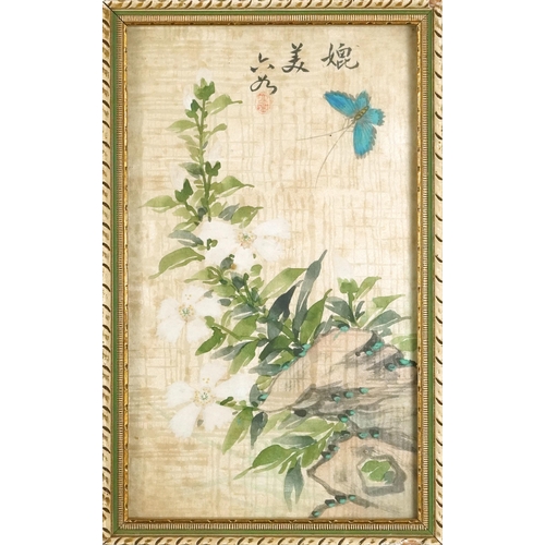 1243 - Butterfly and flies amongst flowers, pair of Chinese watercolours on silk, each signed with red seal... 