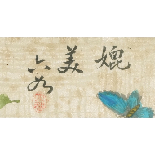 1243 - Butterfly and flies amongst flowers, pair of Chinese watercolours on silk, each signed with red seal... 