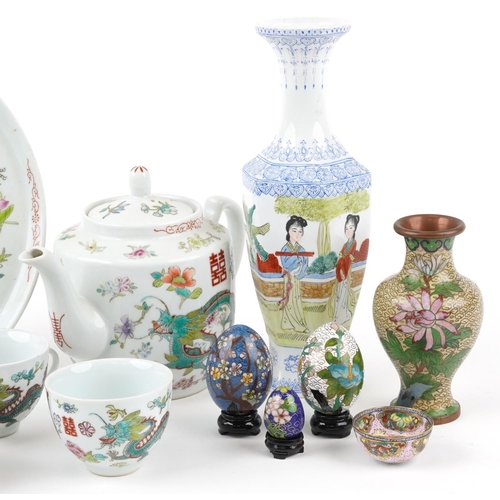 1492 - Chinese ceramics, some cloisonne, including eggshell porcelain vase hand painted with young females ... 