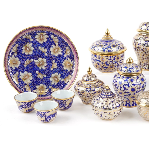 1493 - Ornate Thai gilded porcelain decorated with flowers including jars and covers and double gourd coffe... 