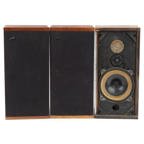 1214 - **WITHDRAWN** Three Bowers & Wilkins DM4 teak speakers, various serial numbers, each 53cm high