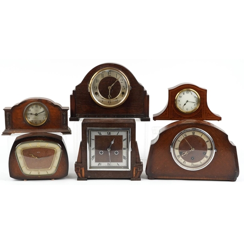 1526 - Five oak cased mantle clocks and an inlaid mahogany example, two with Westminster chime, the largest... 