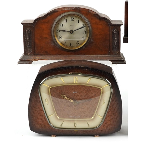 1526 - Five oak cased mantle clocks and an inlaid mahogany example, two with Westminster chime, the largest... 