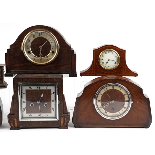 1526 - Five oak cased mantle clocks and an inlaid mahogany example, two with Westminster chime, the largest... 