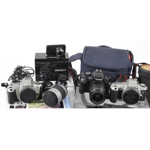 1255 - Vintage and later cameras, binoculars and an Orskey driving recorder with box including Canon EOS 50... 