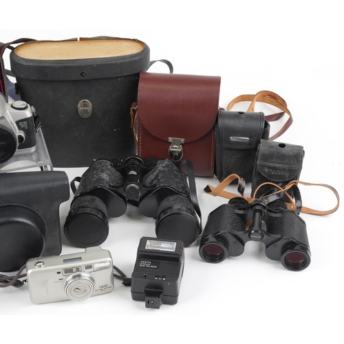 1255 - Vintage and later cameras, binoculars and an Orskey driving recorder with box including Canon EOS 50... 