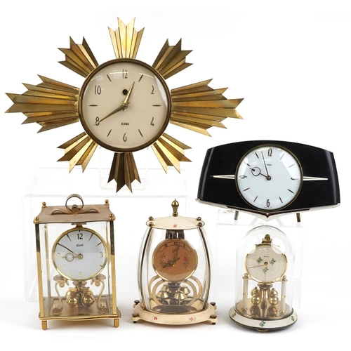 1469 - Five mid century and later clocks including a brass eight day sunburst design example, Kundo and Ben... 