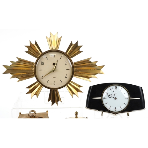 1469 - Five mid century and later clocks including a brass eight day sunburst design example, Kundo and Ben... 