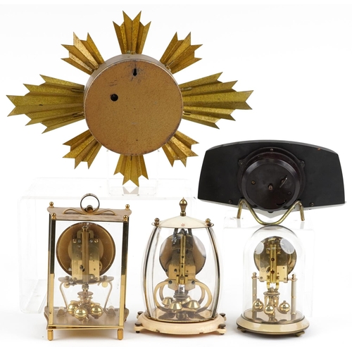 1469 - Five mid century and later clocks including a brass eight day sunburst design example, Kundo and Ben... 