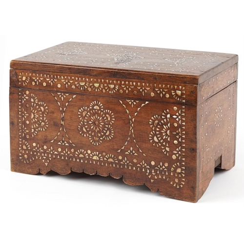 1024 - Asian hardwood trunk with mother of pearl foliate inlay, 25.5cm high, 45.5cm W x 24cm D