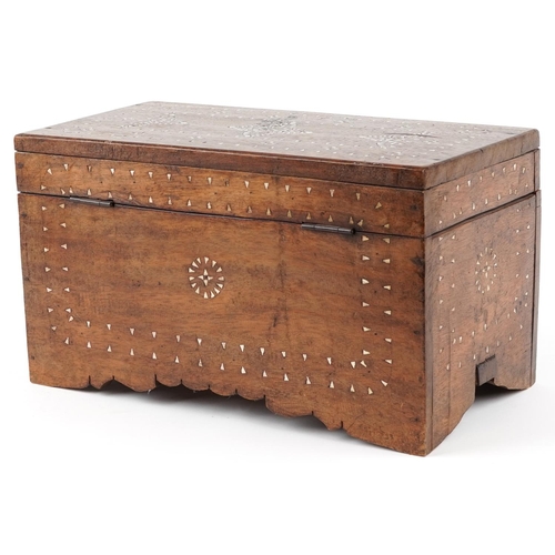 1024 - Asian hardwood trunk with mother of pearl foliate inlay, 25.5cm high, 45.5cm W x 24cm D