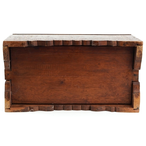 1024 - Asian hardwood trunk with mother of pearl foliate inlay, 25.5cm high, 45.5cm W x 24cm D