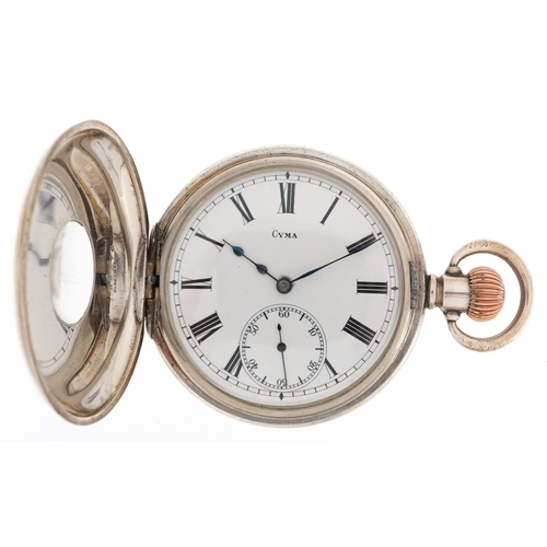 2445 - Cyma, George VI silver gentlemen's keyless half hunter pocket watch having enamelled and subsidiary ... 