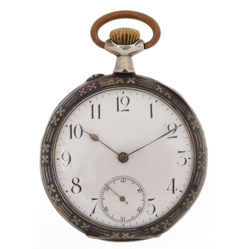 2049 - French silver niello work gentlemen's silver keyless open face pocket watch having enamelled and sub... 