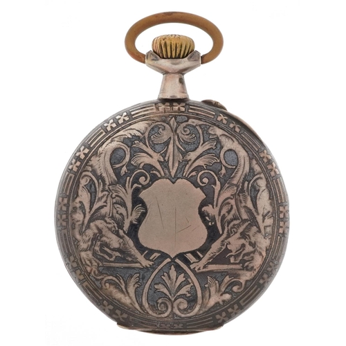 2049 - French silver niello work gentlemen's silver keyless open face pocket watch having enamelled and sub... 