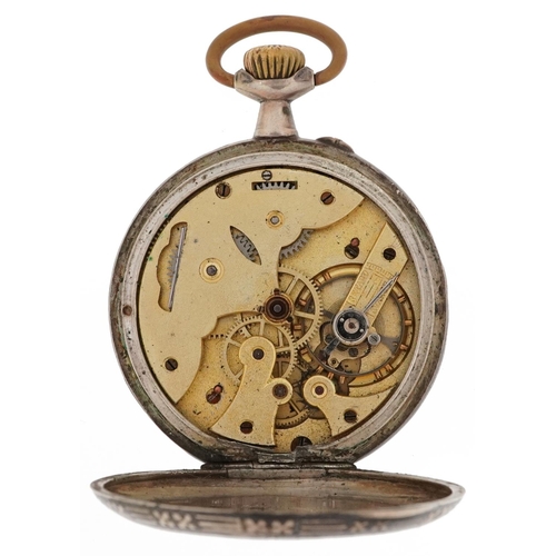 2049 - French silver niello work gentlemen's silver keyless open face pocket watch having enamelled and sub... 